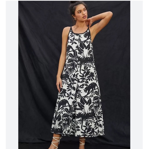 Maeve Pants - Maeve Anthropologie Chrysanthemum Jumpsuit Black Tropical Print Wide Leg Crop S